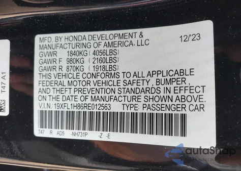 2024 Honda Civic Sport Touring from USA, damaged, VIN 19XFL1H86RE012563